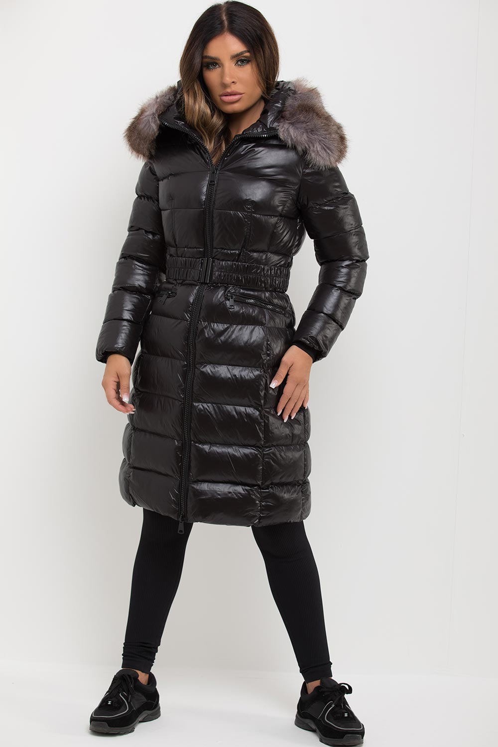 Women's Black Long Puffer Padded Jacket With Faux Fur Hood & Belt ...