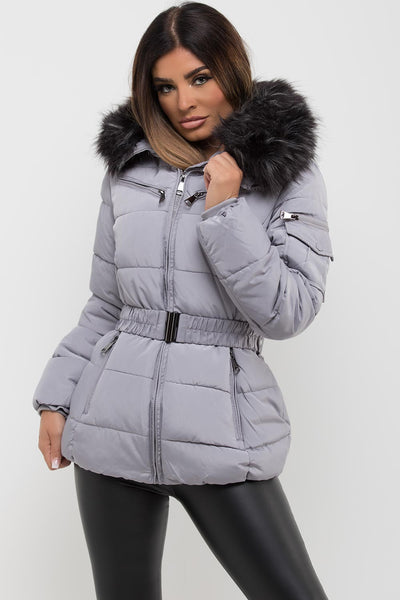 Womens Faux Fur Hooded Jacket With Belt Grey – Styledup.co.uk