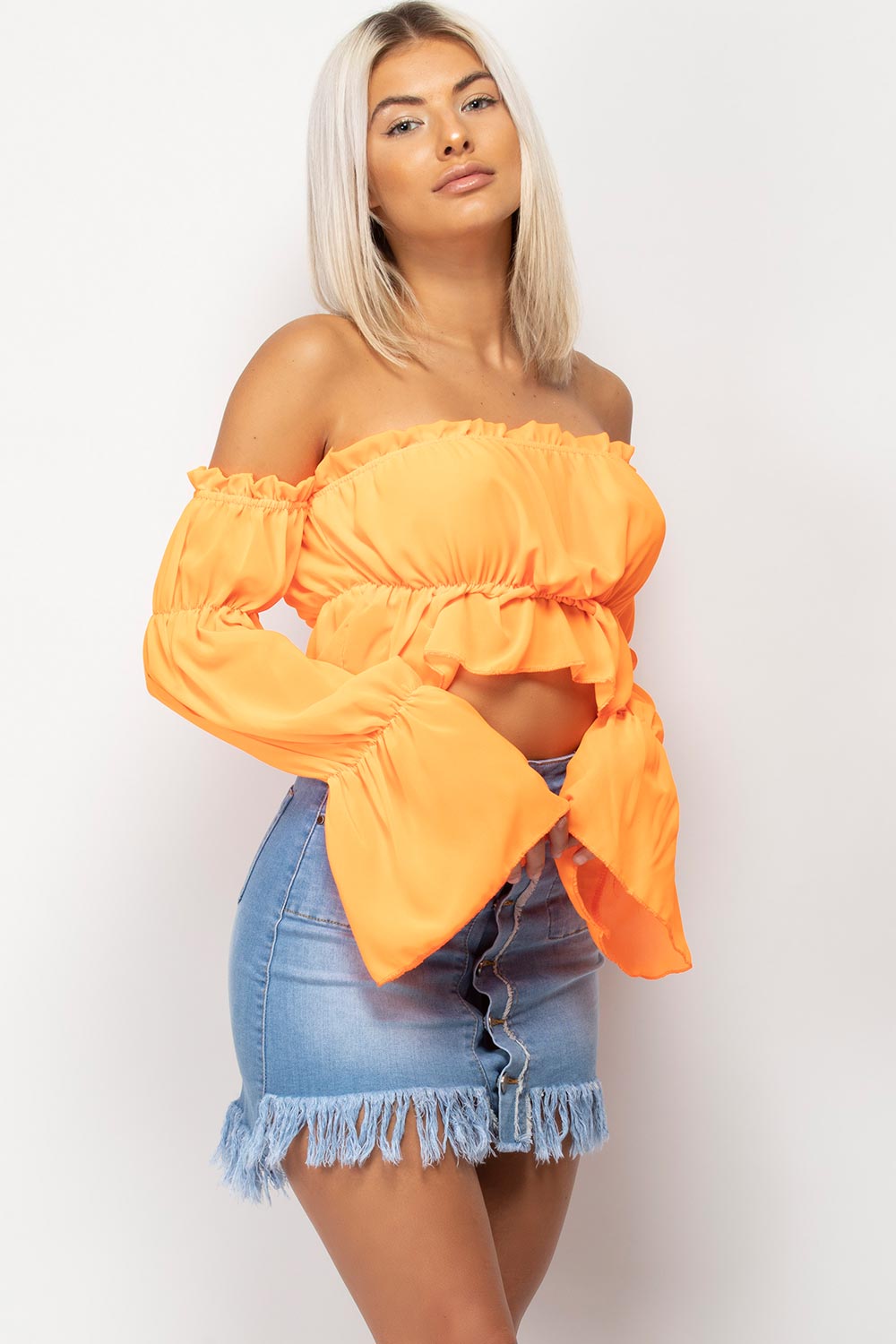 neon orange off the shoulder crop top