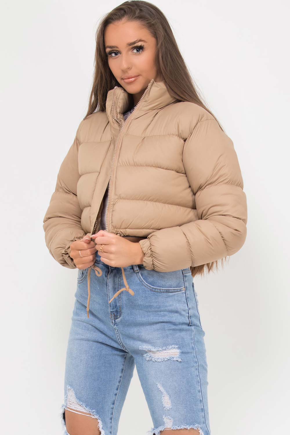 Women's Cropped Padded Puffer Jacket Stone – Styledup.co.uk