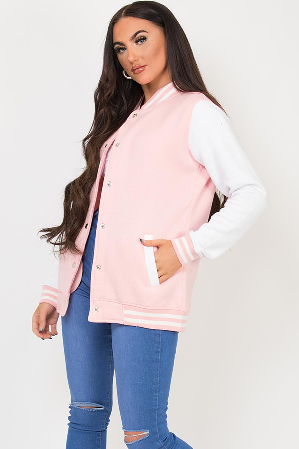 Womens Varsity Contrast Bomber Jacket Pink – Styledup.co.uk