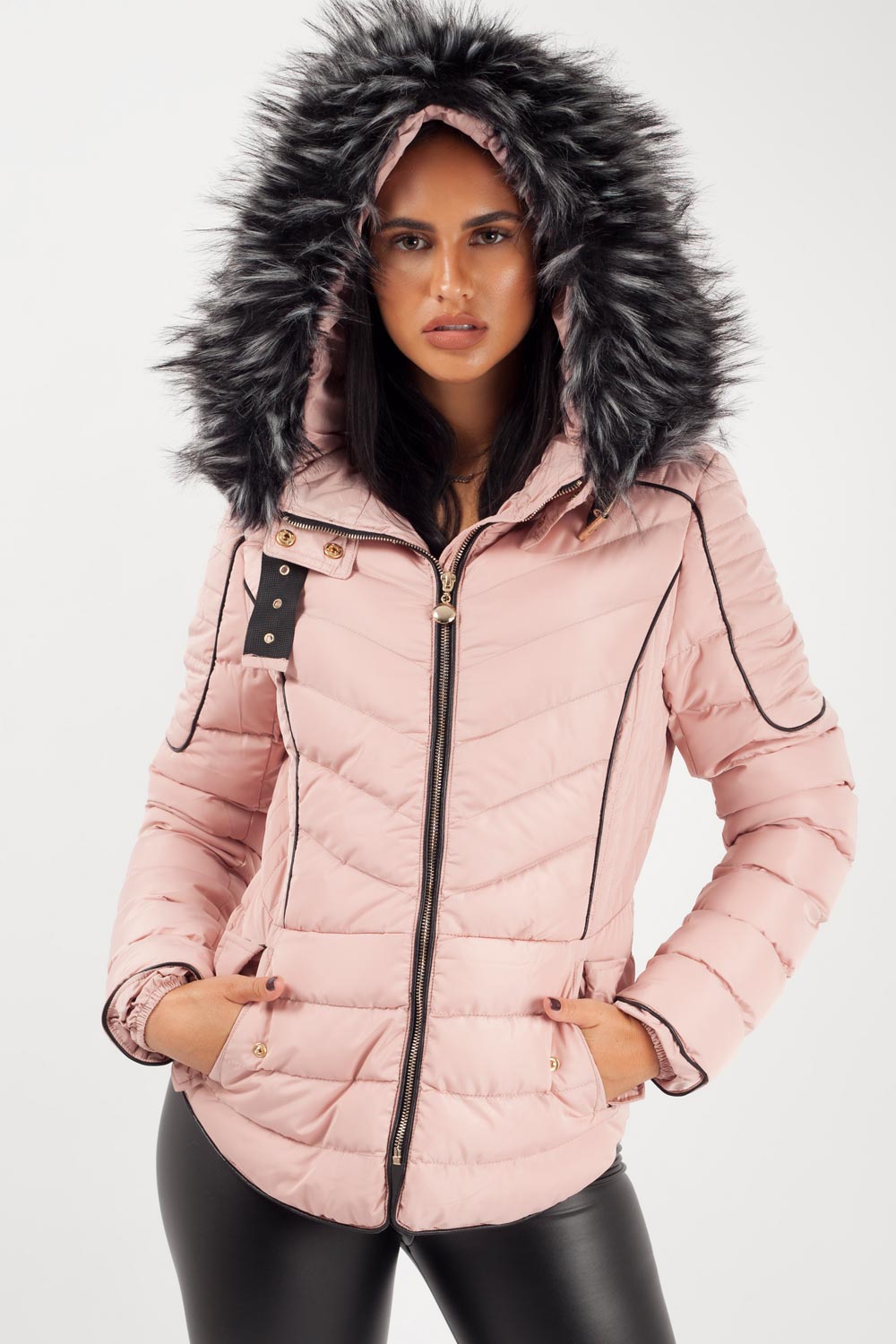 pink parka with fur hood