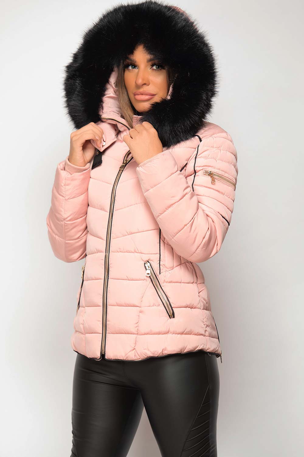 pink padded coat with fur hood