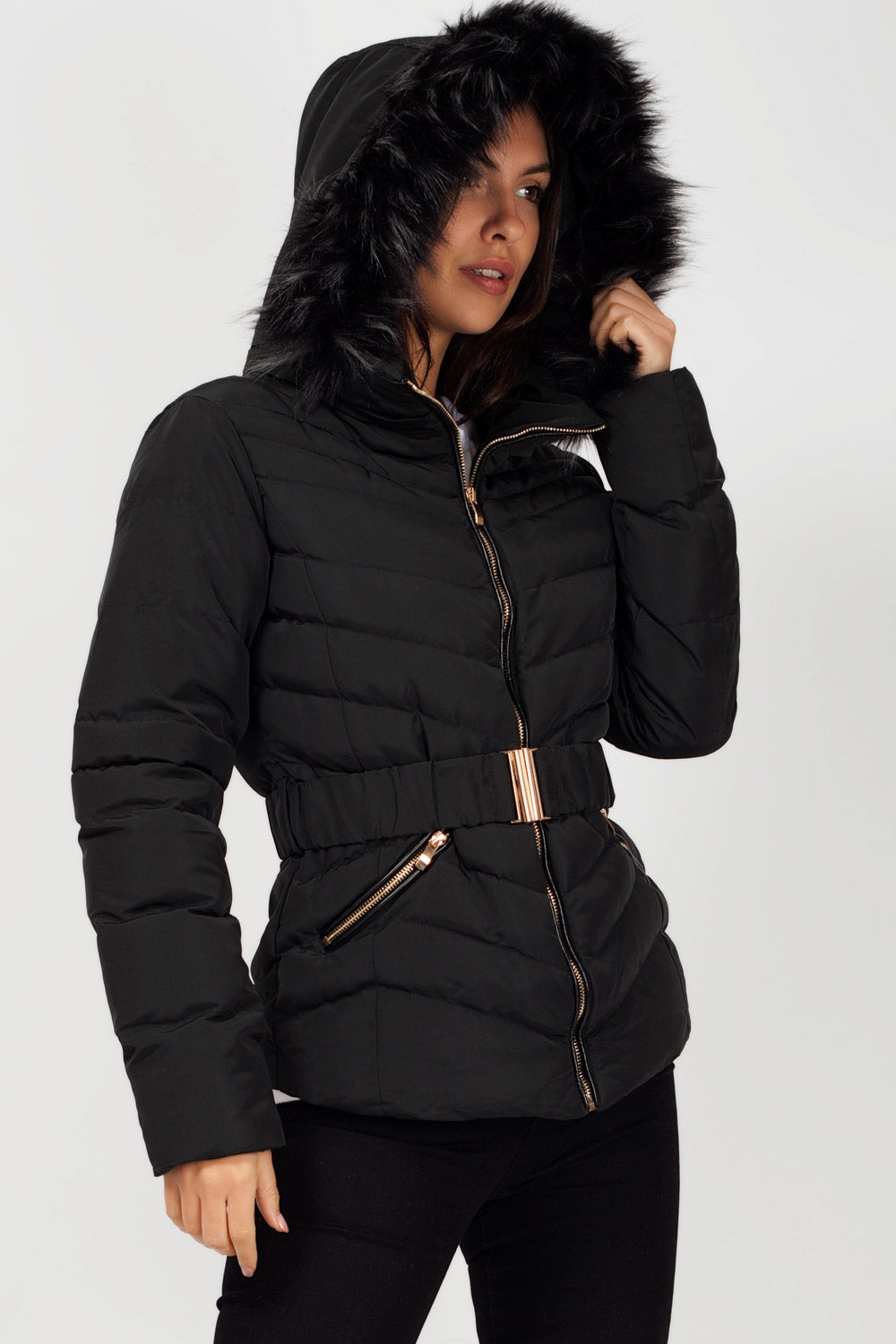 black puffer faux fur coat