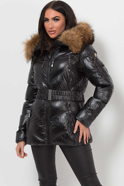 Women's Real Fur Hood Puffer Jacket With Belt Black – Styledup.co.uk