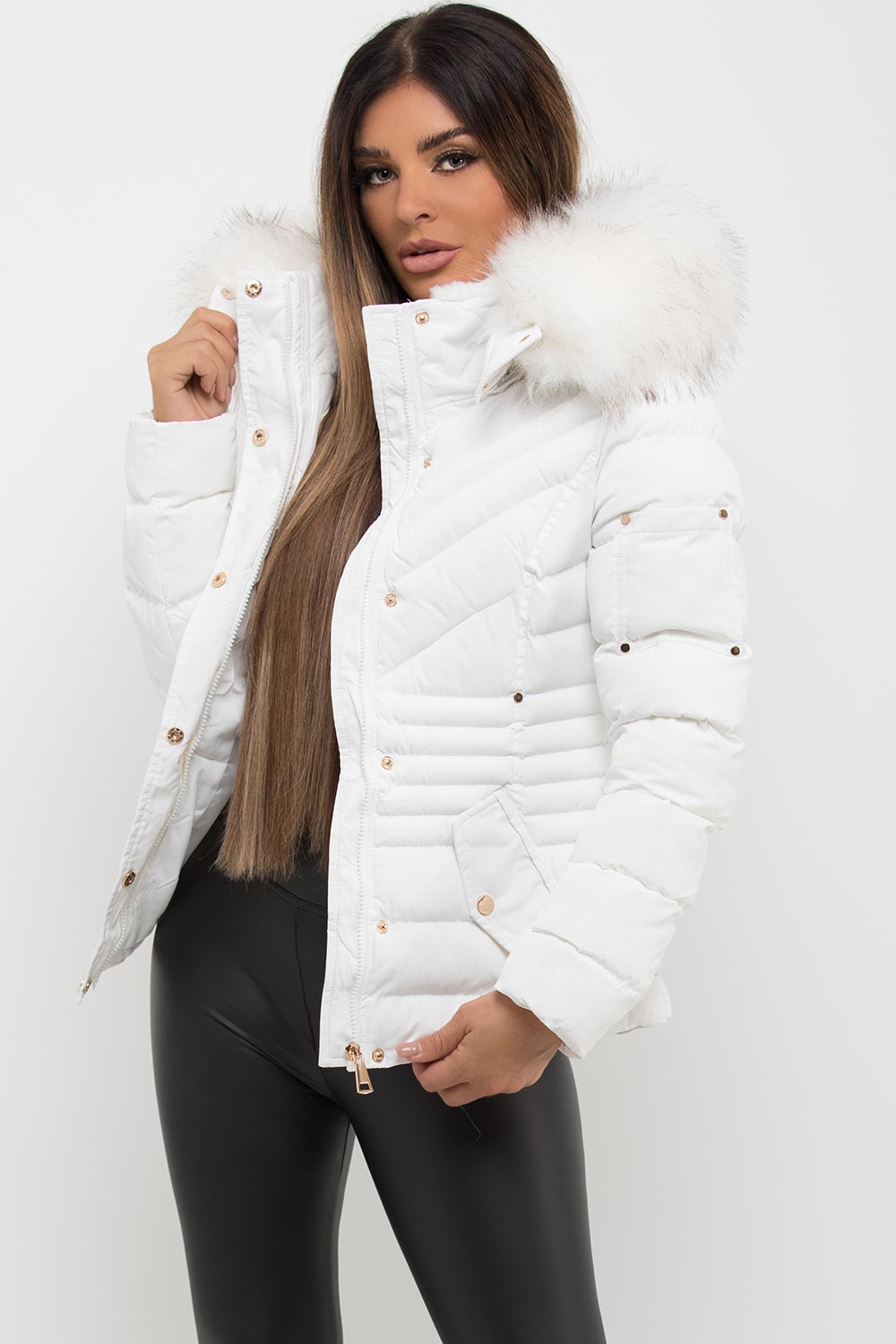 Womens White Puffer Coat With Big Faux Fur Hood – Styledup.co.uk