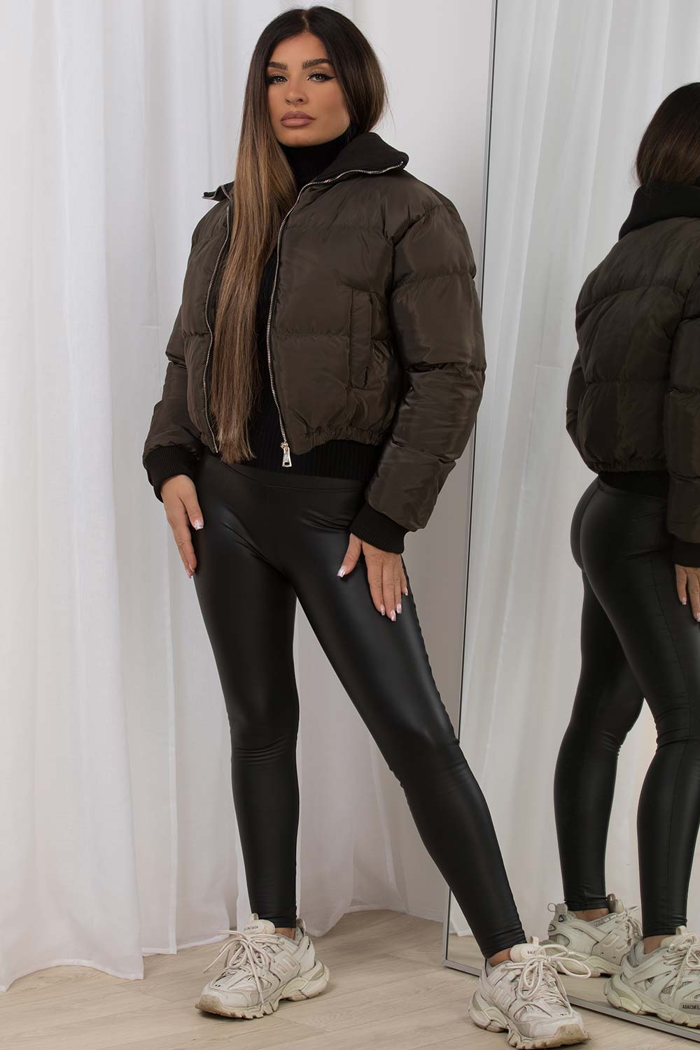 Women's Cropped Puffer Jacket With Rib Collar Khaki – Styledup.co.uk