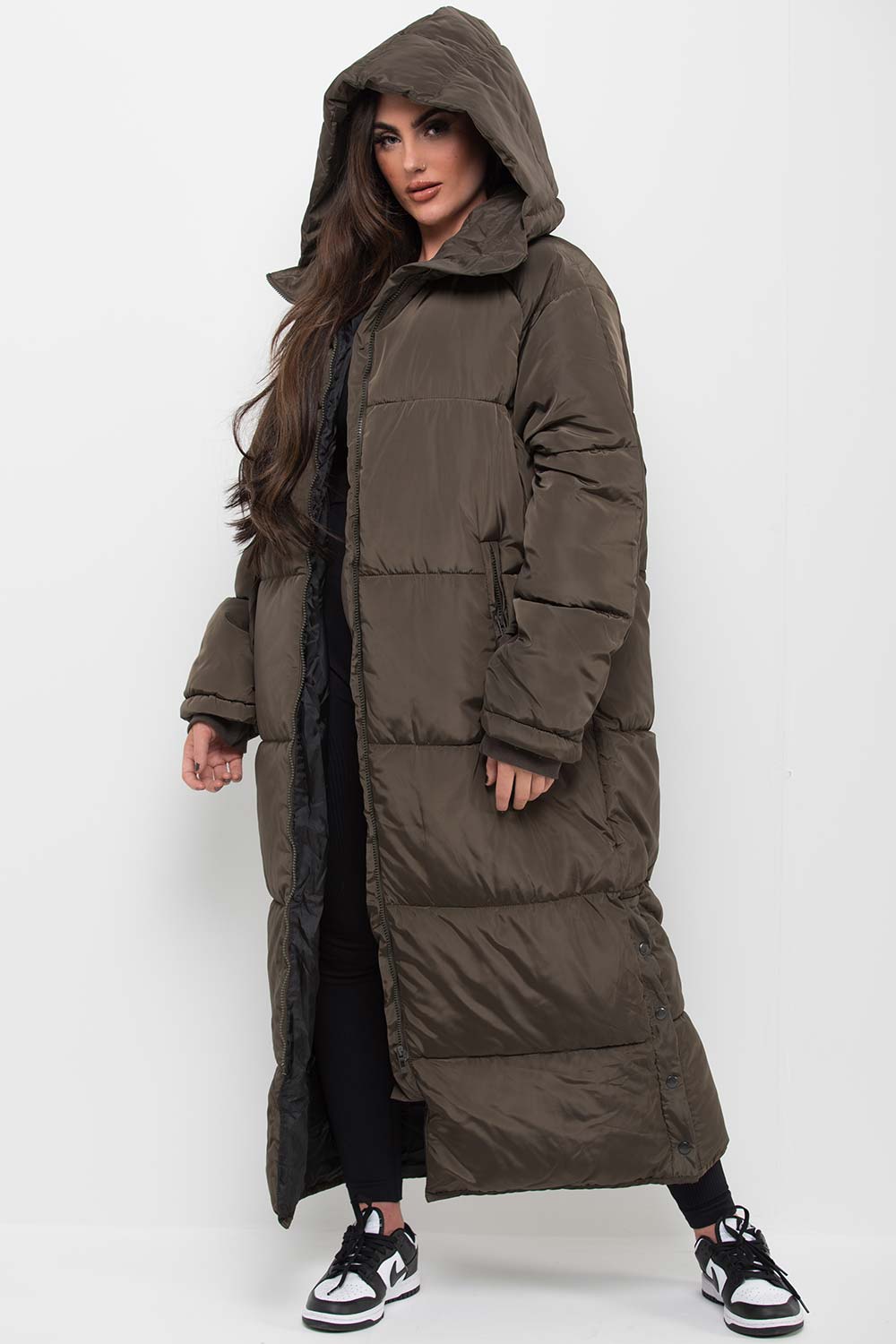 Women's Khaki Long Puffer Padded Coat With Hood – Styledup.co.uk