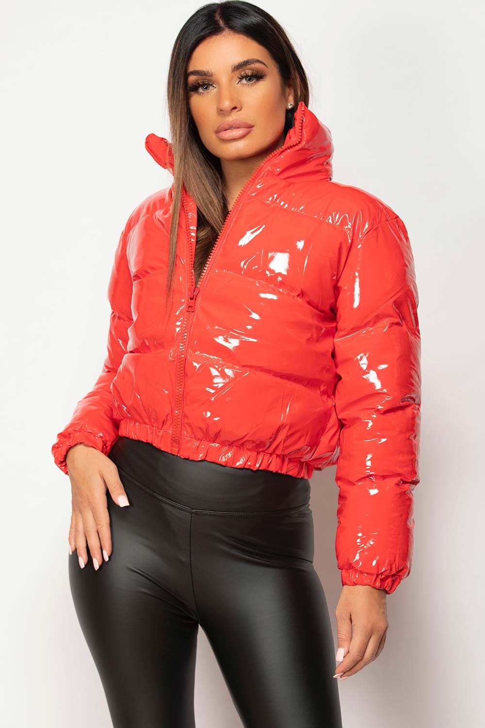 red vinyl puffer jacket