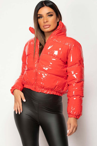 Womens Red Shiny Vinyl Puffer Jacket Cropped – Styledup.co.uk