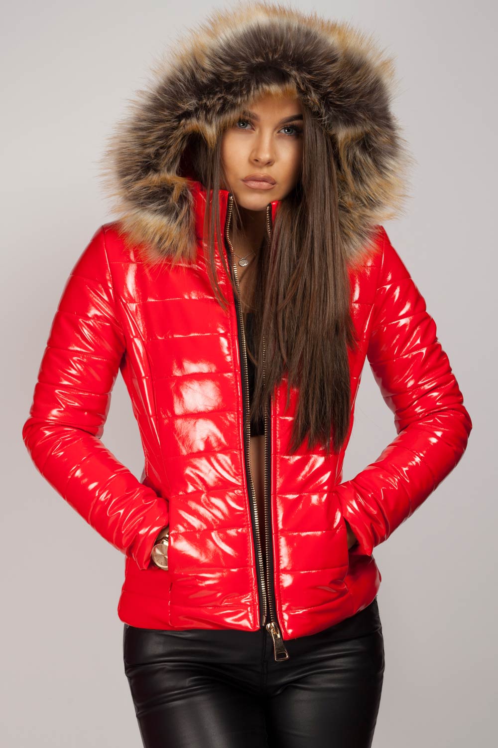 red padded jacket with hood