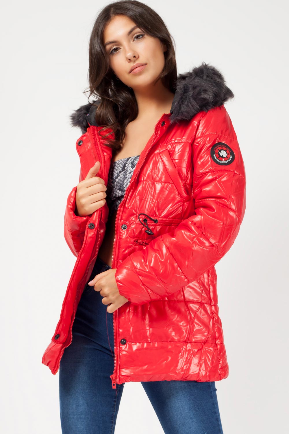 womens red puffer coat with fur hood