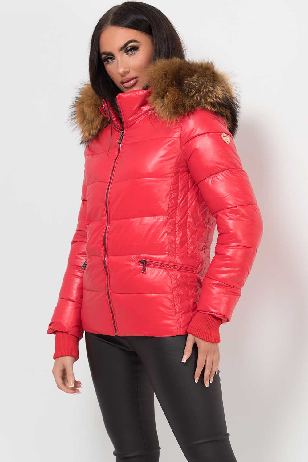 Women's Puffer Jacket With Real Raccoon Fur Hood Red – Styledup.co.uk