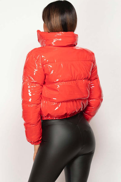 Womens Red Shiny Vinyl Puffer Jacket Cropped – Styledup.co.uk