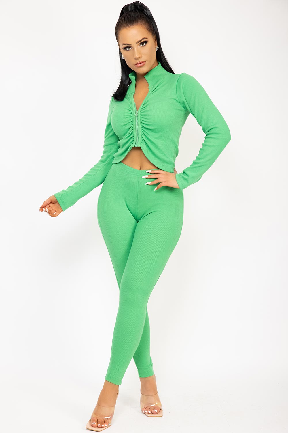 Women's Ruched Zip Front Two Piece Co Ord Set Green – Styledup.co.uk