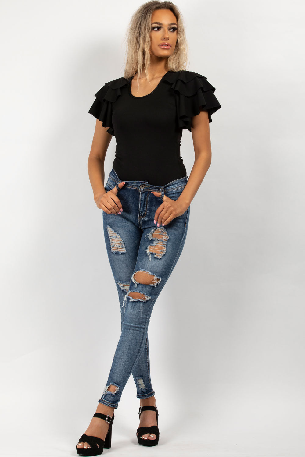 Distressed Mid Wash Blue Skinny Jeans – 