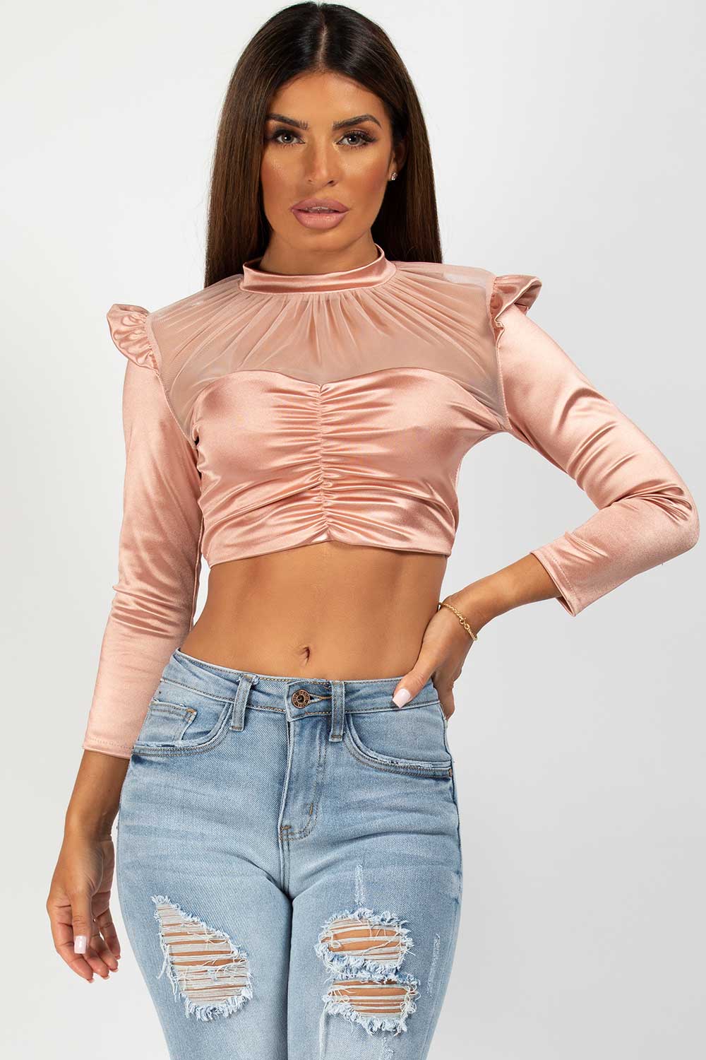 satin long sleeve crop top