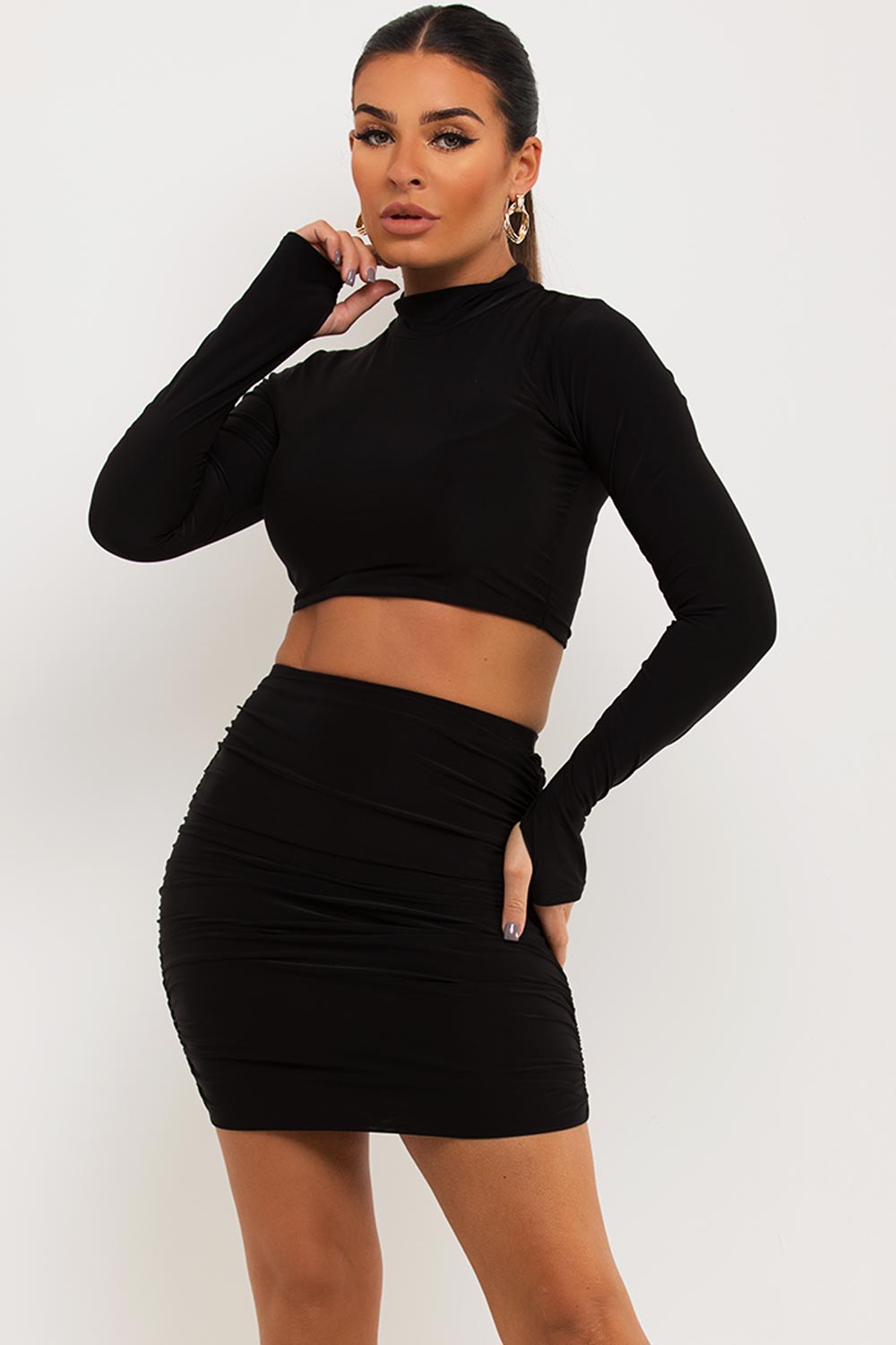 Ruched Skirt And Long Sleeve Crop Top Co Ord Black – Styledup.co.uk