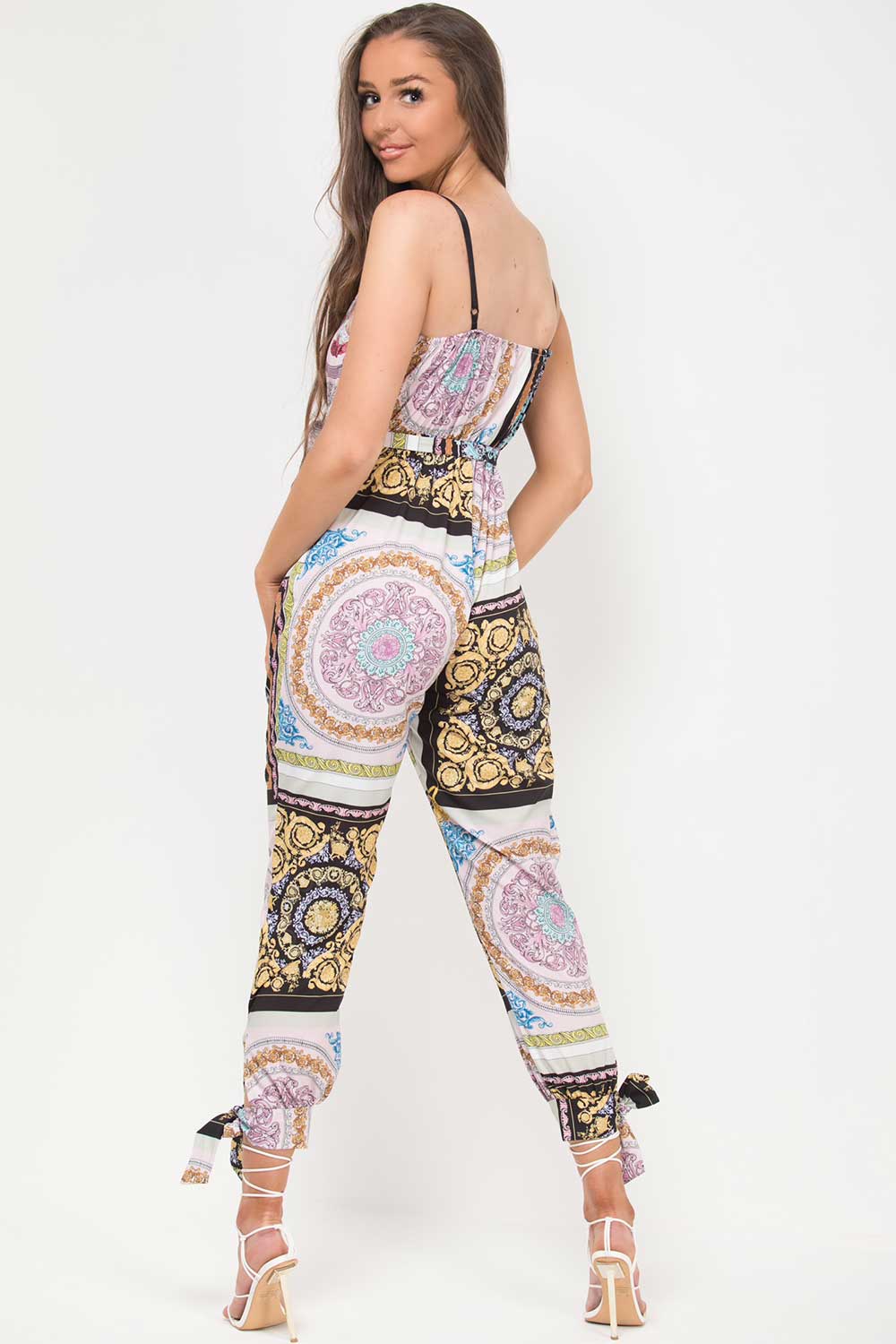 Scarf Print Jumpsuit With Waist Belt Uk 