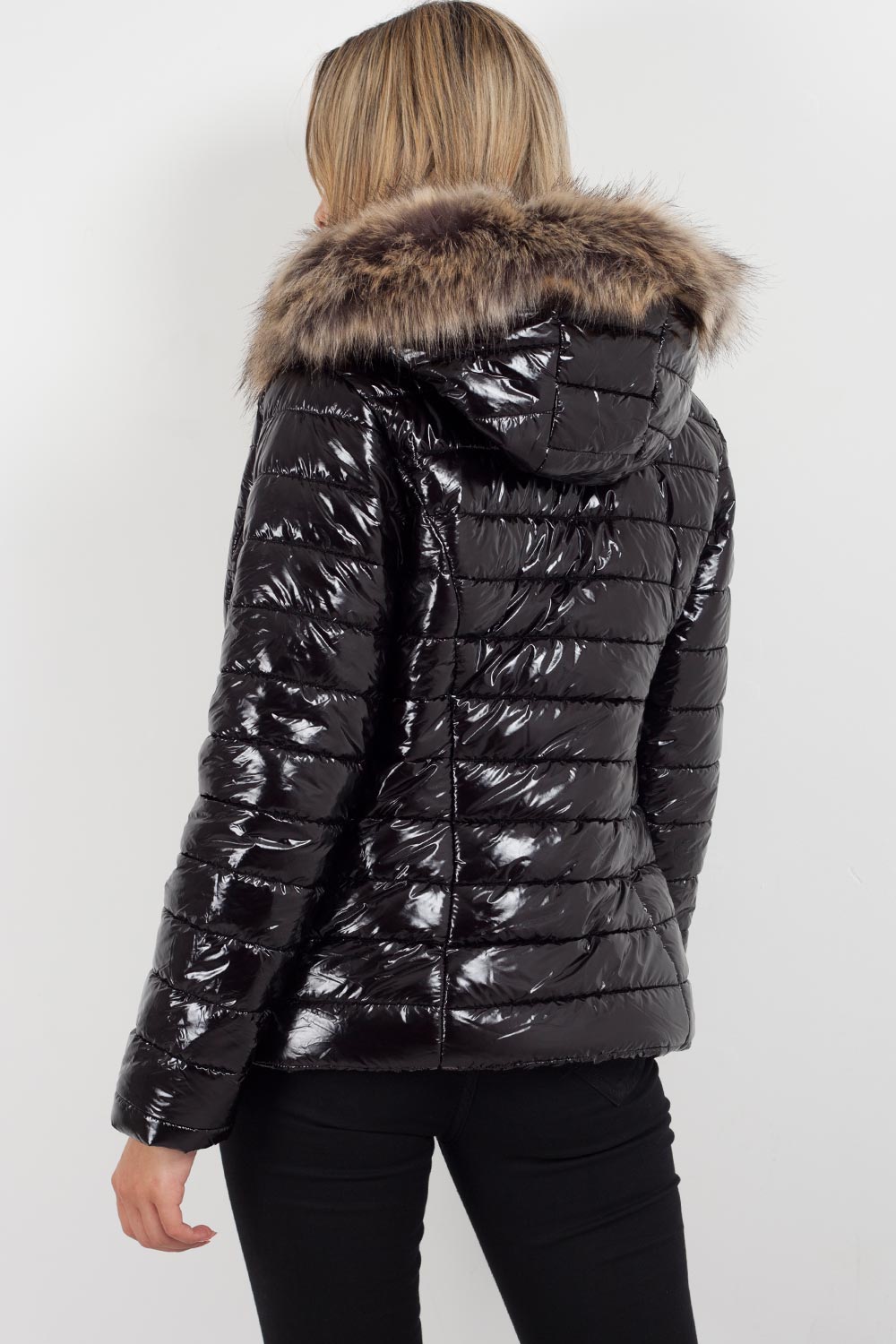 Wet Look Puffer Coat With Faux Fur Hood – | Wet Look Winter Coat