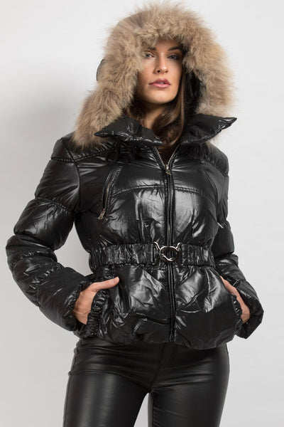 Shiny Puffer Coat With Fur Hood Belted – Styledup.co.uk