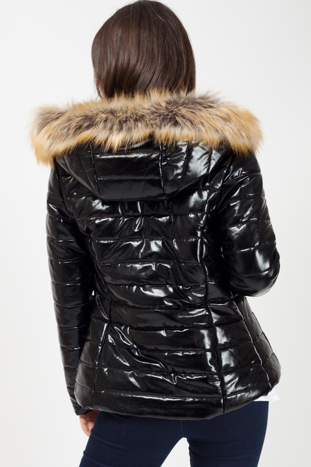 Wet Look Puffer Coat With Faux Fur Hood – | Wet Look Winter Coat