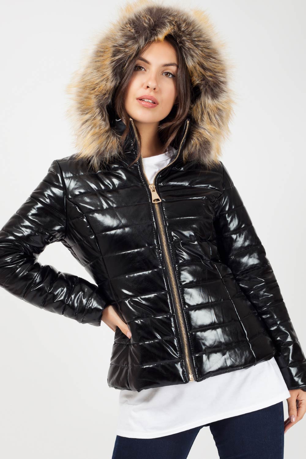 Black Shiny Puffer Faux fur Hood Coat – Styledup.co.uk