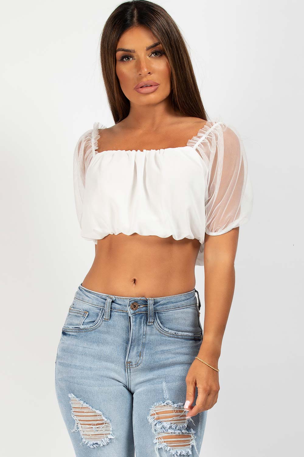 White Mesh Short Puff Sleeve Crop Top – Styledup.co.uk