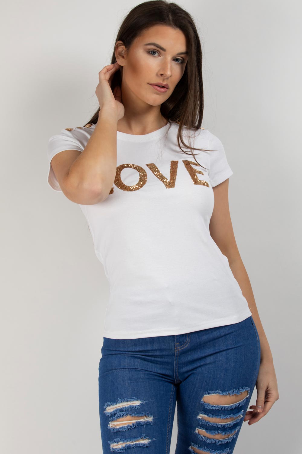 Balmain Inspired Sequin Love Slogan Tee Shirt White – Styledup.co.uk