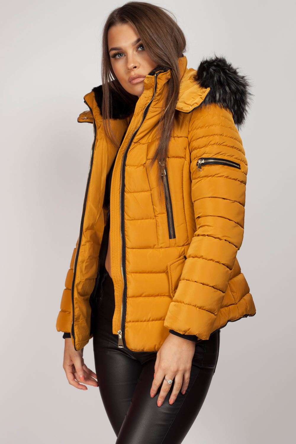 womens mustard parka coats with fur hood