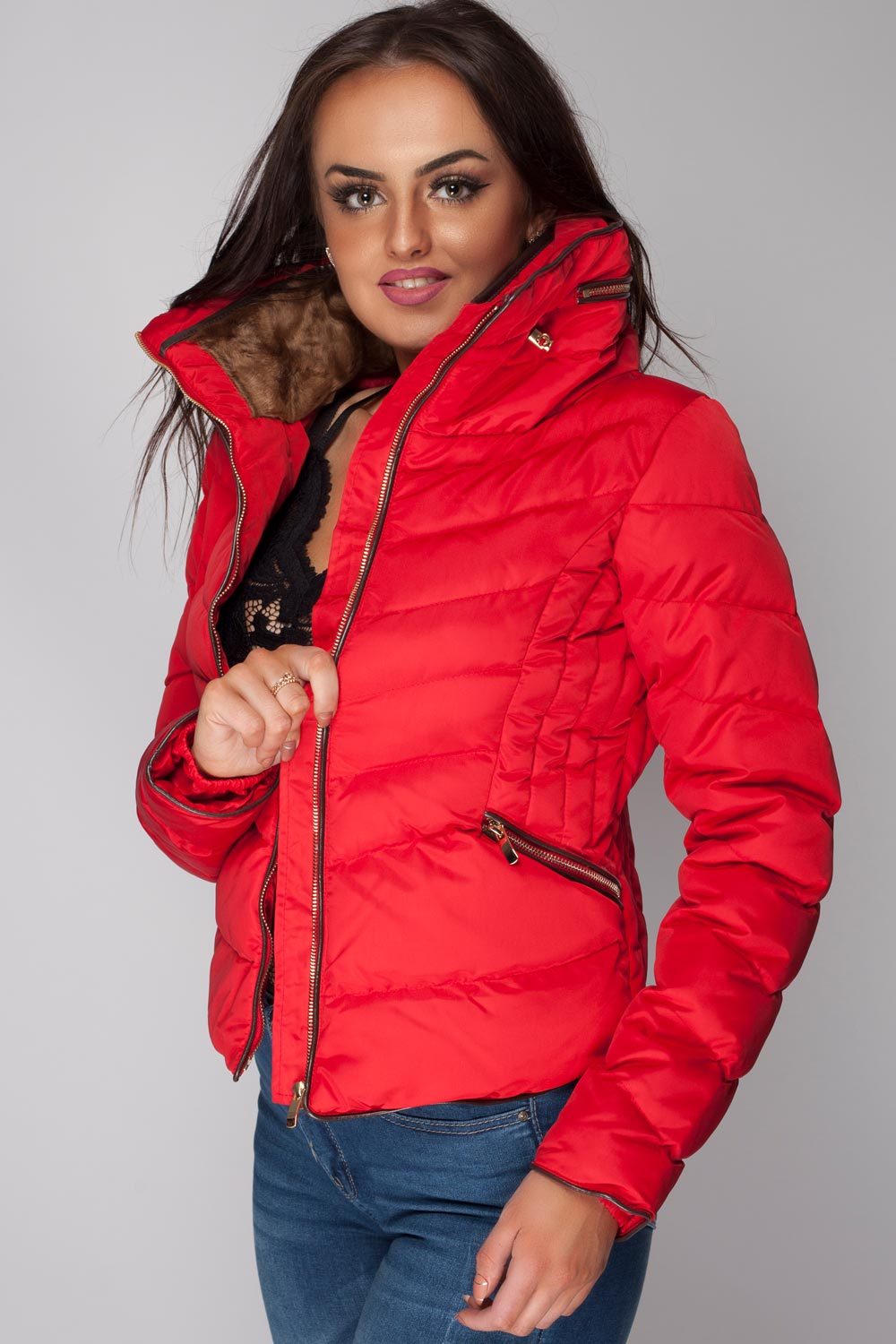 red padded faux fur hooded coat