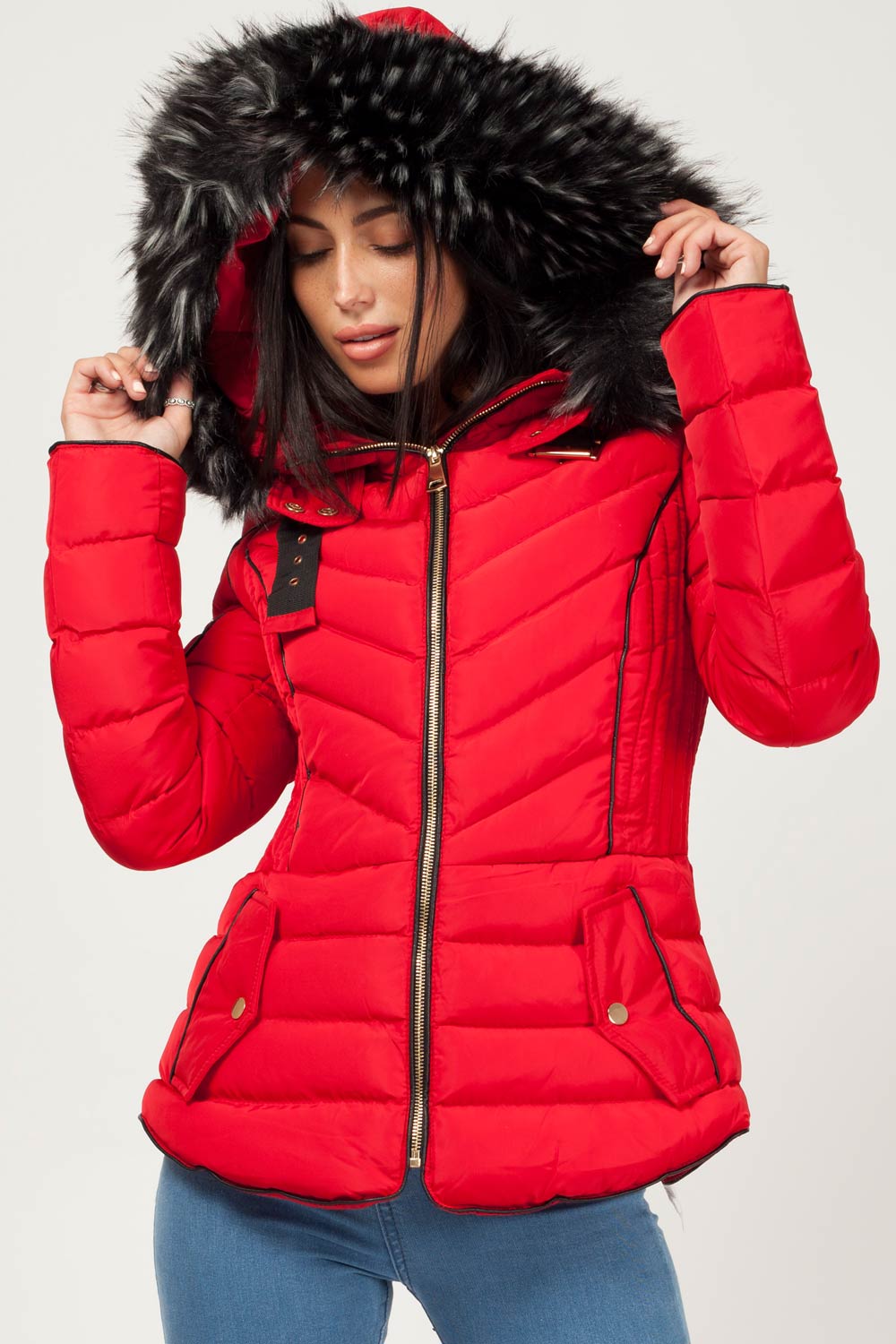 red puffer coat with fur hood 