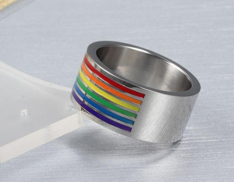 LGBT Gay Ring - 10mm Colorful Top Rainbow Stainless Steel Silver Unisex Ring