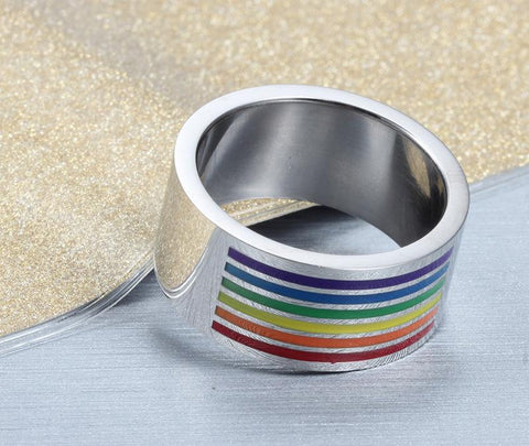 LGBT Rings - 10mm Colorful Top Rainbow Stainless Steel Silver Unisex Ring