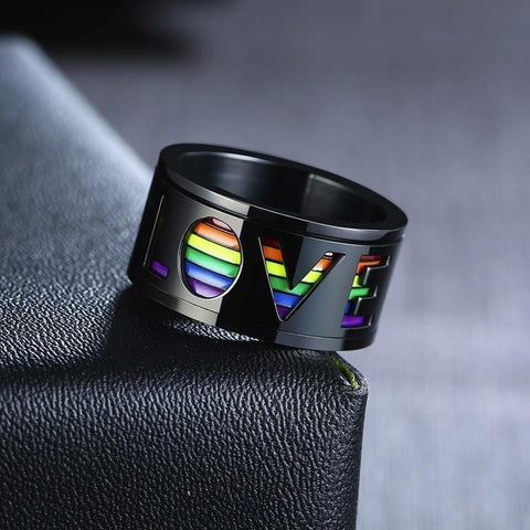 Spinner Rings - 11mm Black & Rainbow LOVE Mens Rotating Ring
