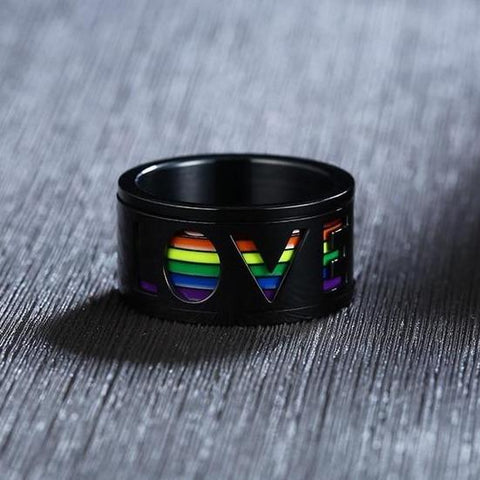 Fidget rings - 11mm Black & Rainbow LOVE Mens Rotating Spinner Ring