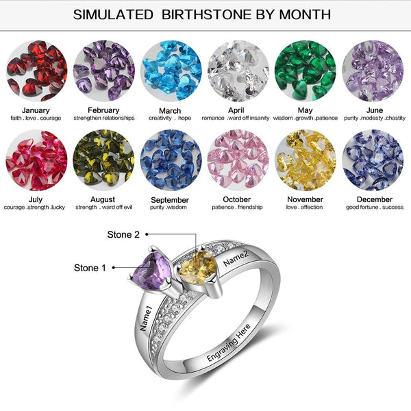 Birthstone rings - 2 Heart Birthstones & 3 Engravings 925 Sterling Silver Womens Ring