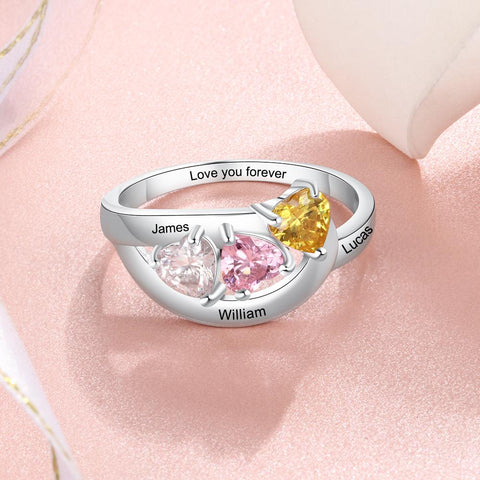 mothers ring gift for mom - 3 custom name engraving & 3 heart birthstones womens ring
