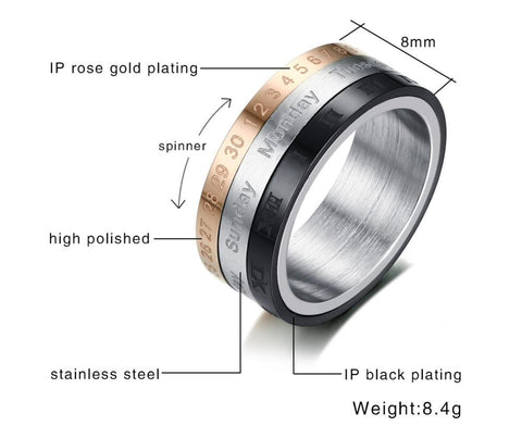 fidget rotatable mens rings - date calendar spinner ring for men