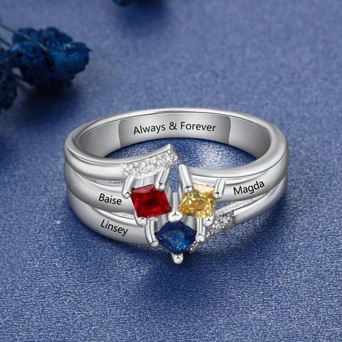 friends birthstones rings with 3 names and 3 birthstones