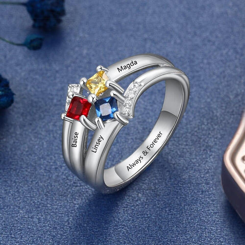womens birthstones rings with 3 names and 3 birthstones