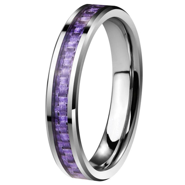 Purple Carbon Fiber Silver Tungsten Womens Ring