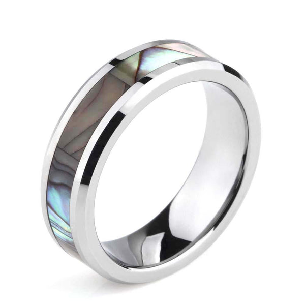 Mens rings - Abalone Shell Inlay Titanium Silver Ring