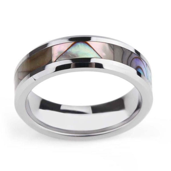 Mens rings - Abalone Shell Inlay Titanium Silver Ring