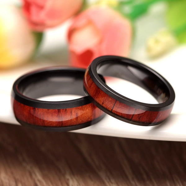 Mens rings - black mahogany wood Titanium ring