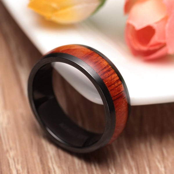 Mens rings - black mahogany wood Titanium ring