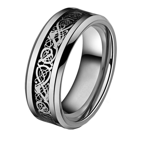 Celtic dragon mens ring - custom silver tungsten male band