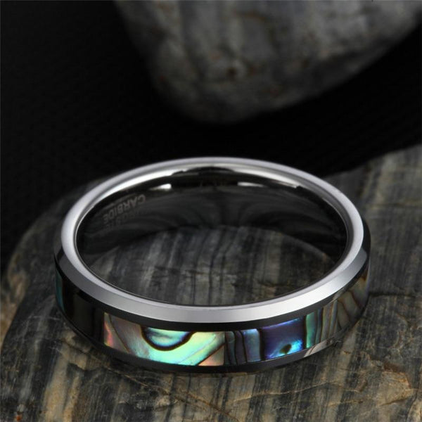 rings for him - Abalone tungsten silver mens ring