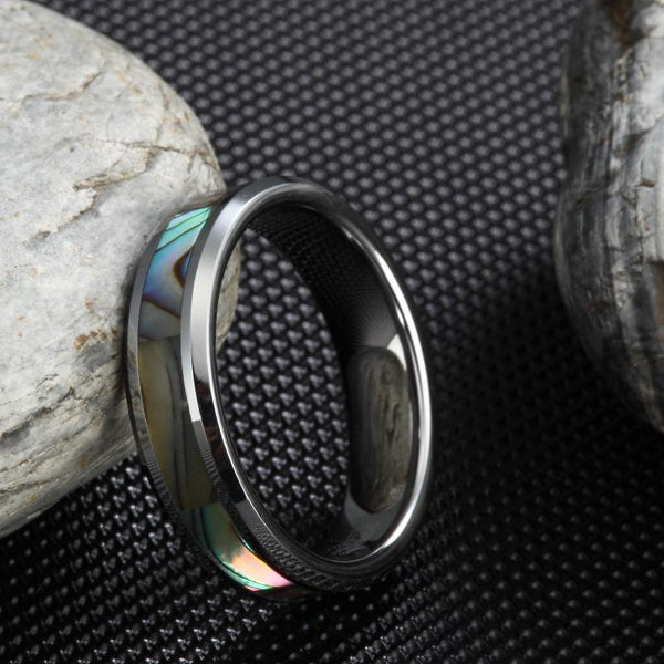 rings for him - Abalone tungsten silver mens ring