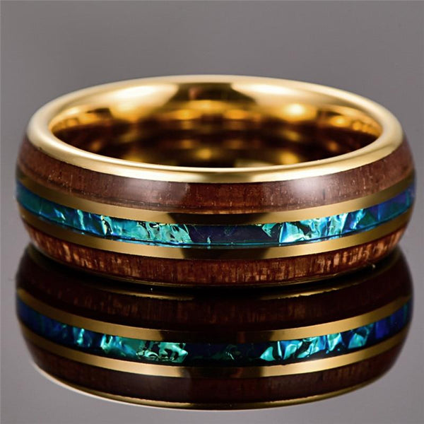 6mm Hawaiian Koa Wood, Opal & Gold Tungsten Mens Ring